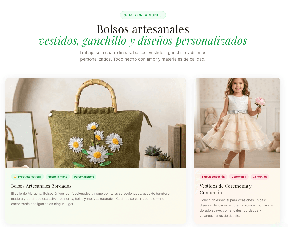 Maruchy Manualidades online shop with handmade bags and dresses